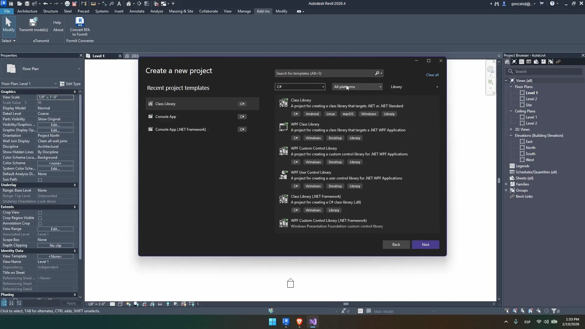 The Create a new project dialog in Visual Studio, filtered by C#, All platforms and Library, with Class Library selected