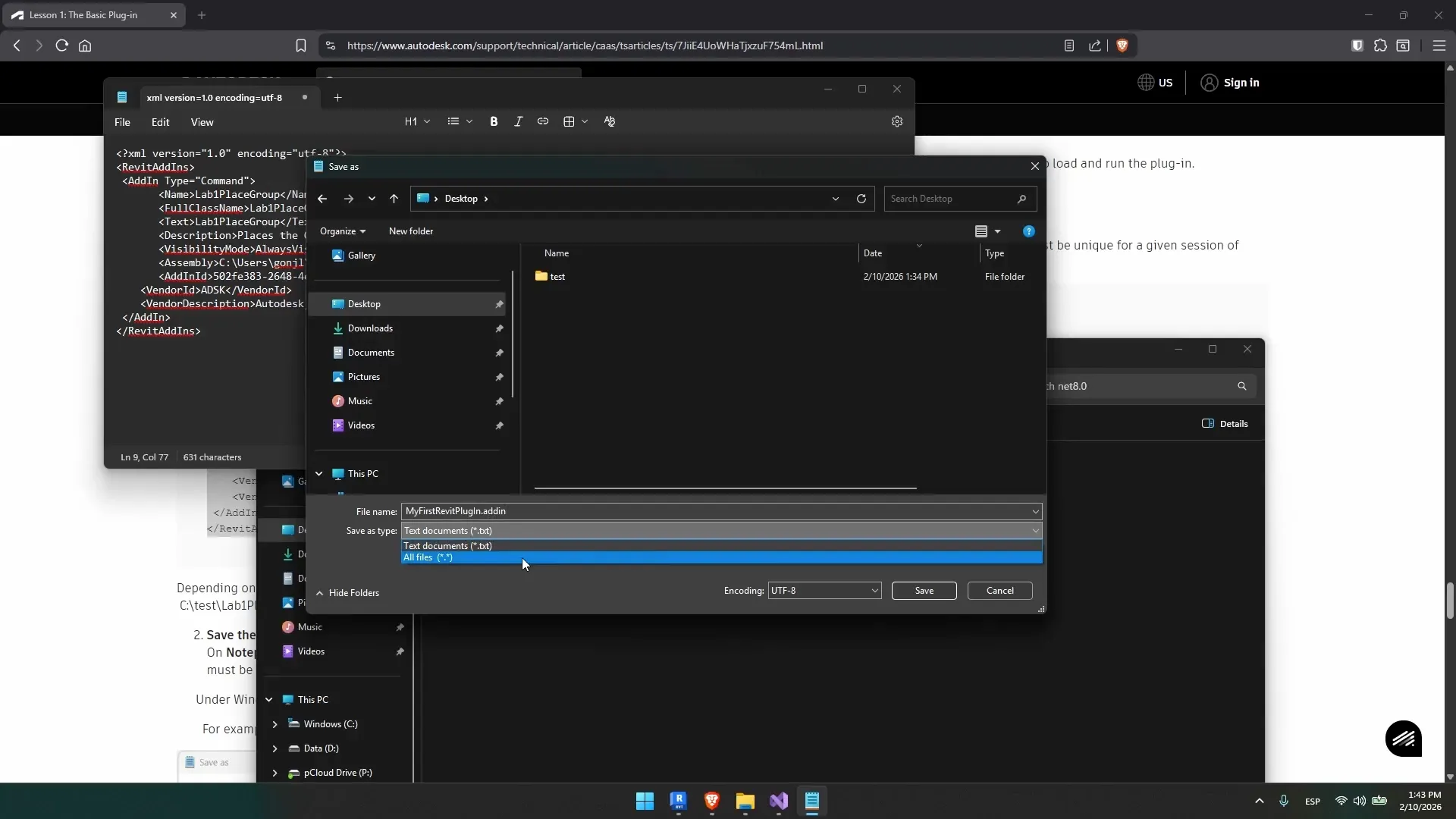 Notepad Save As dialog with the file named MyFirstRevitPlugIn.addin and the Save as type dropdown open on All files